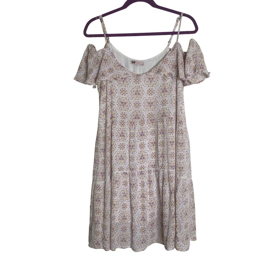 So Goods For Life Strappy Dress Womens Size M Floral Off-Shoulder Tiered Boho Da